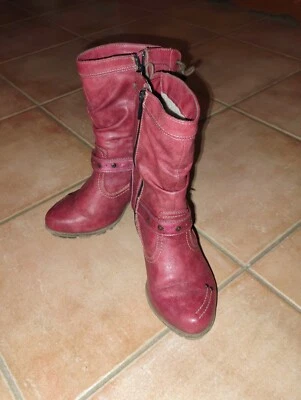 Bottines MUSTANG Cuir Rouge Brique Fourrées Pointure 39 Très Bon État - Photo 1/4
