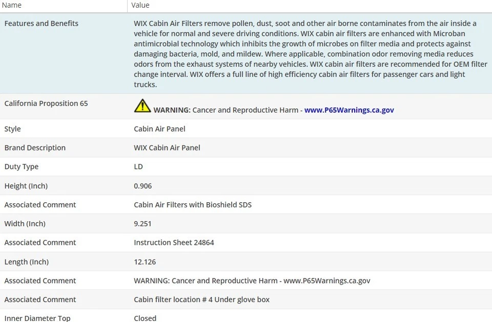 Filtro de aire de cabina WIX para Dodge Grand Caravan 2001-2007 V6-3,3 L Foto 3 de 4