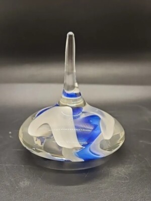 Vintage klar blau weiß Spirale spitz Kunst Glas Briefbeschwerer Träne