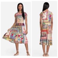 Johnny Was Anika Colorful Mixed Print Tea Length Dress XS Comfy Boho Pullover