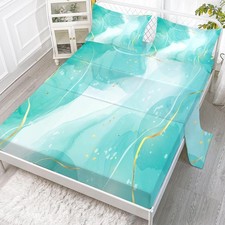 Teal Sheet Set Twin: Aqua Teal Marble Bed Sheets for Teens Girls Kids Abstrac...