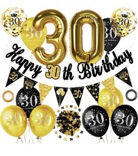 Black Gold Happy Birthday Banner, Sign Balloons for 30th Anniversary...