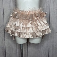 Champagne Satin Feather Mini Skirt High-Low Ruffle, sz XS/S