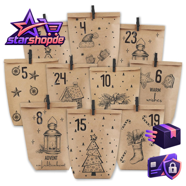 Adventskalender PapiertüTen Zum BefüLlen 24 StüCk Kraftpapier Geschenk Kinder-image