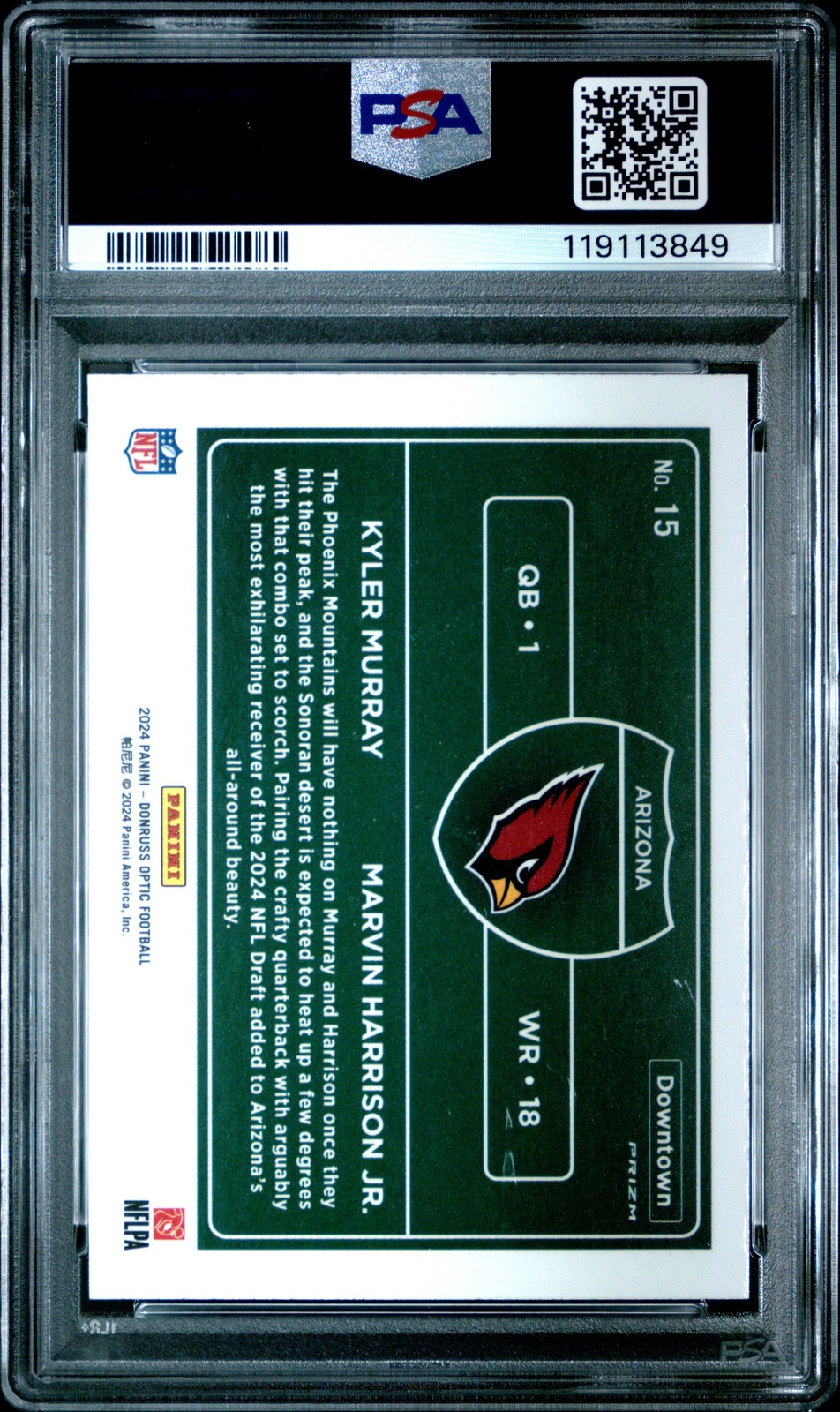 2024 PANINI DONRUSS OPTIC DOWNTOWN DUO KYLER MURRAY/MARVIN HARRISON JR RC PSA 10 view 2