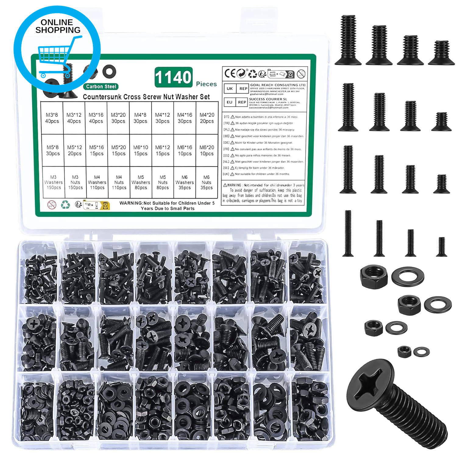 1140 Pcs M3 M4 M5 M6 Screws Set, Countersunk Bolts and Nuts Set, Flat Head Machi
