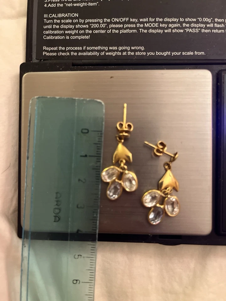 Orecchini pendenti oro giallo 18K 3,76g con pietre ovali trasparenti vintage - Immagine 4 di 4