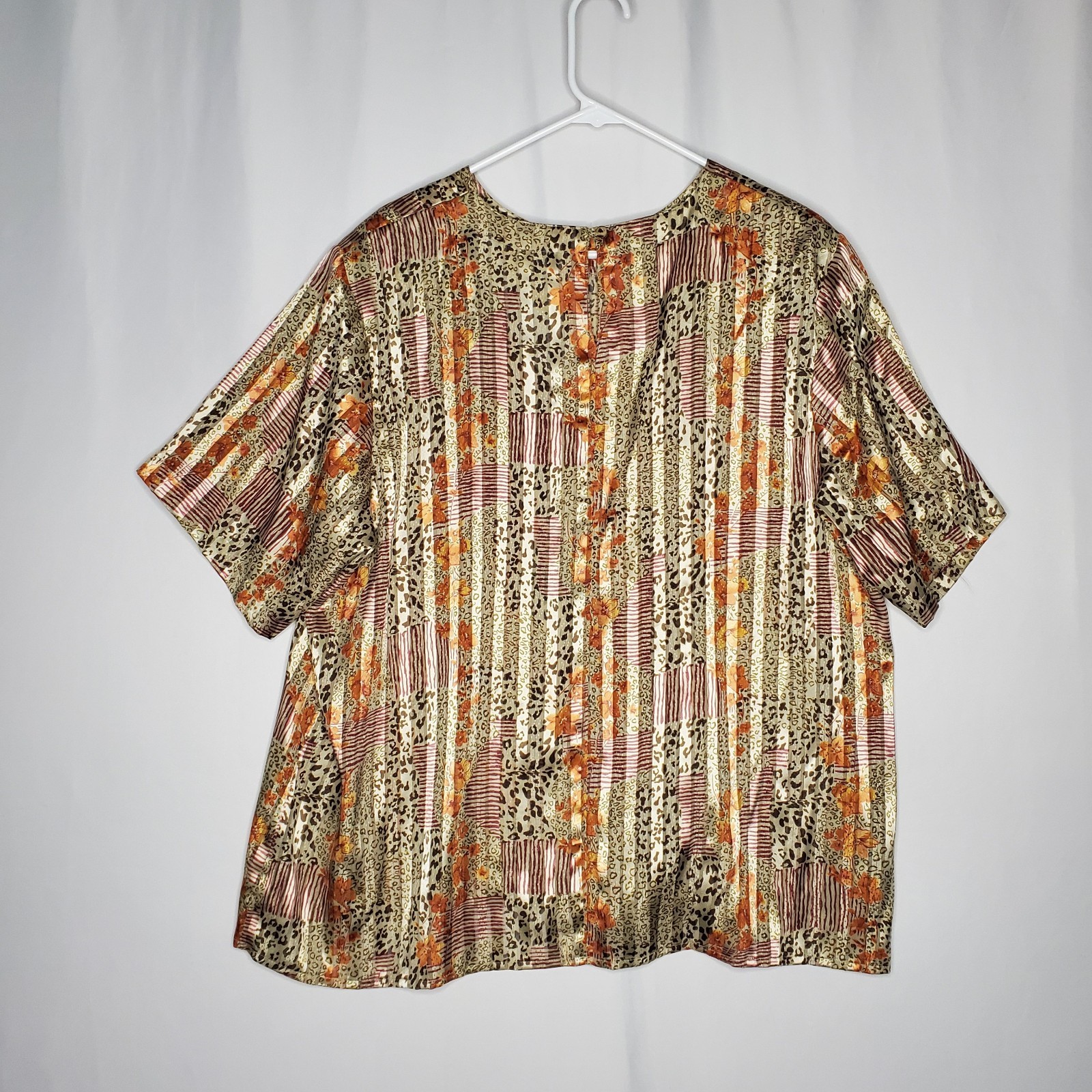 SAINT LAURENT Top donna Yves St Clair 22W raso animalier righe floreali manica corta buco della serratura anni 90