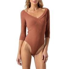 ASTR the Label 3/4 Sleeve Wide Neck Ribbed Knit Bodysuit in Marsala Brown XL NEW