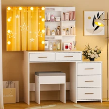 Elegant Lighted Makeup Vanity Table Set with Sliding Mirror - White