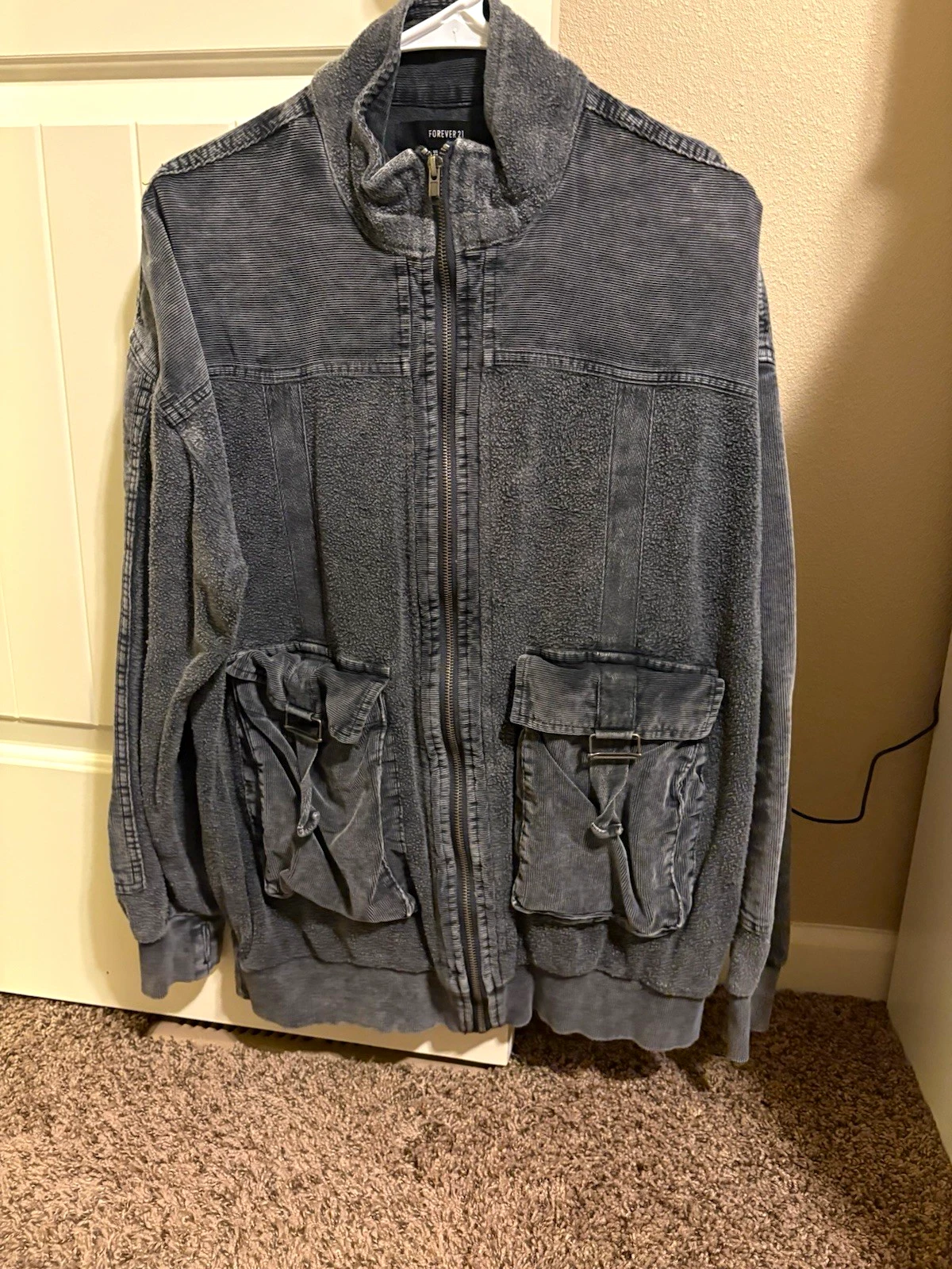 Forever 21 Gray Cotton Full Zip Stand-Up Collar Short Jacket Pockets XL - product detail image 1