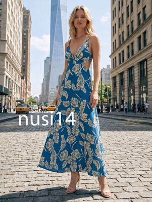 ZARA NEW WOMAN FLORAL PRINTED MIDI DRESS VENTS BLUE WHITE XS-XXL 2862/349/044