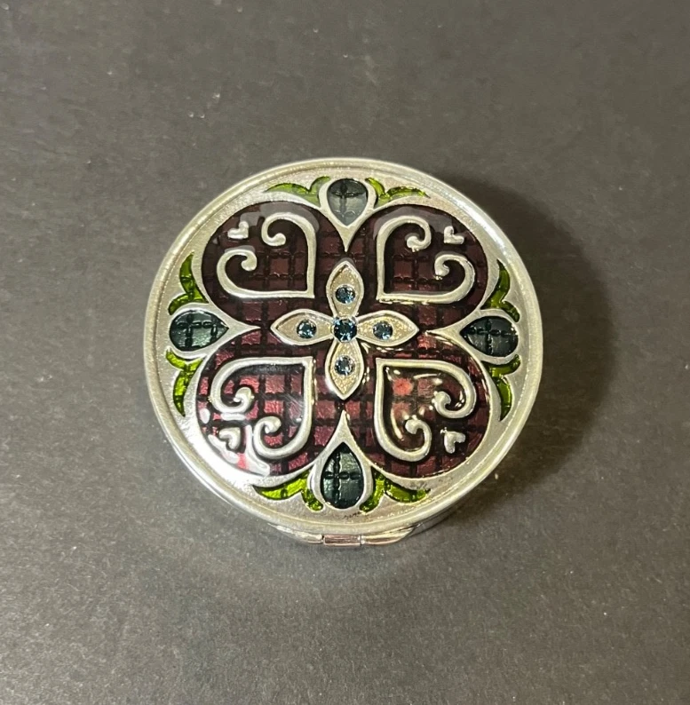 1.75" Enameled Irish Silver toned Floral Purple Green Blue Rhinestone Pill Box - Image 3 of 4