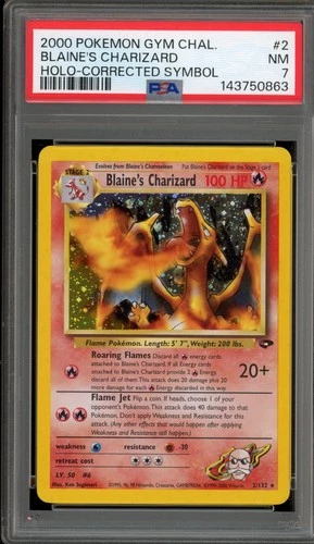 Pokemon Blaine's Charizard Gym Challenge Unlimited #2 CORRECTED SYMBOL PSA 7