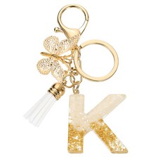 Initial Letter Keychains Resin Cute Pendant with Butterfly  Tassel White-K
