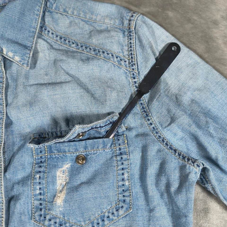 Camisa Denim Ralph Lauren Mujer Pequeña Azul Bordada Floral Western Envejecida Foto 4 de 4