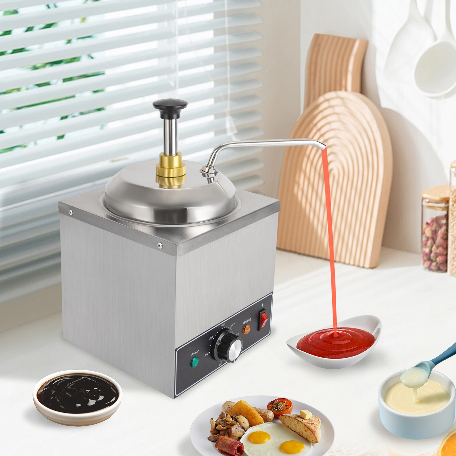 2L Stainless Steel Sauce Warmer with Pump, 650W 110V Adjustable Temperature