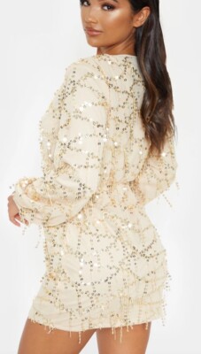 Gold Plunge Sequin Long Sleeve Bodycon Dress Christmas New Years Holiday  Dress 2 | eBay