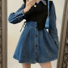 2 Pcs Set Denim Long Sleeve A Line Button Up Slim High Waist Dress and Vest