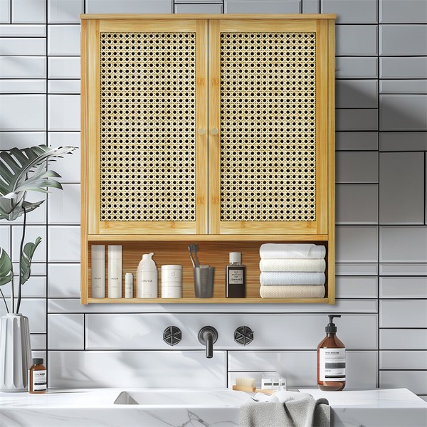 HäNgeschrank Bambus Badezimmerschrank Schmal BadhäNgeschrank Wandschrank HäNgend-image