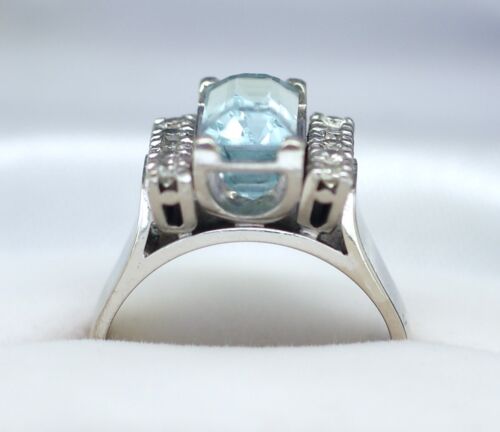 Estate Jewelry Solid 18K Gold Ring Natural Aquamarine & Diamonds Jewellery L1/2 - Picture 3 of 4