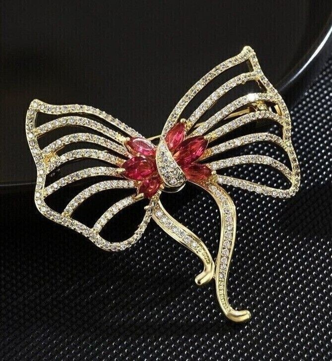 梨雪 2.38 Ct Marquise Cut Simulated Red Ruby Bow Brooch Pin 14k Yellow