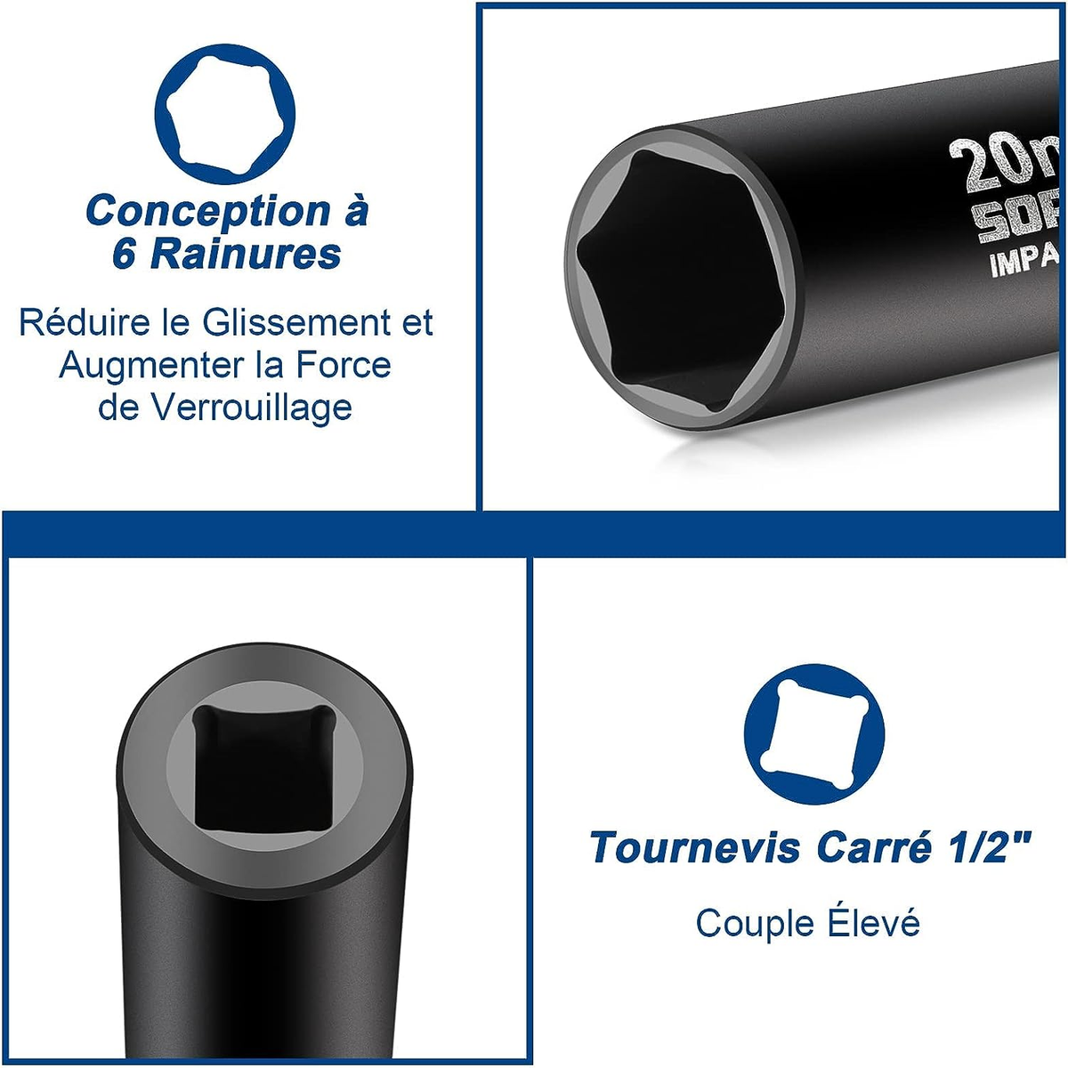 Acheter Douilles à Choc 1/2", SORAKO 16 Pièces Coffret Douille Longue à Chocs 6 Pans De 10-24 mm Métriques, 2 Pièces Tige D'extension - Clés Et