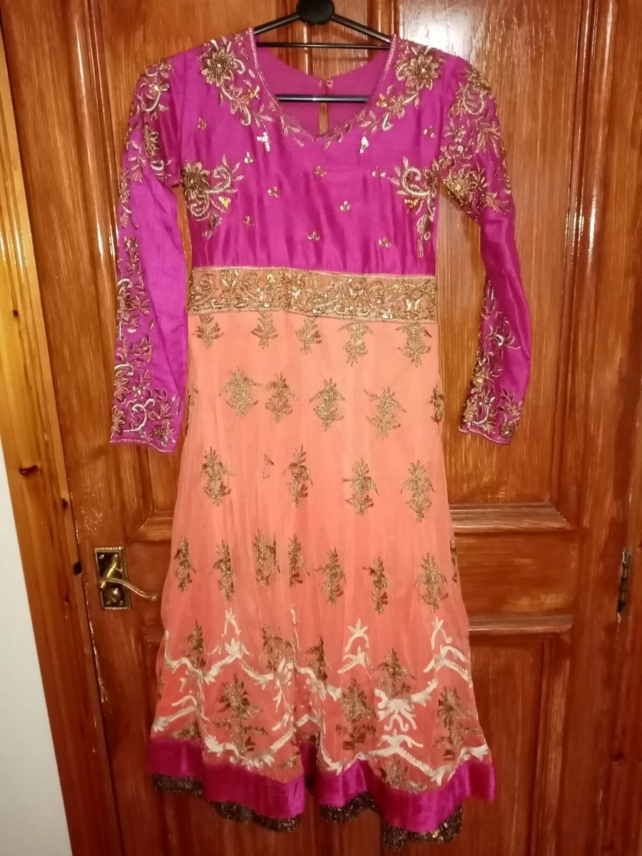 Girls Cerise and Orange Indian Dress Gown Size 34 with Dupatta and