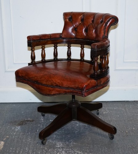 ANTIQUE HAND DYED BROWN LEATHER CHESTERFIELD CAPTAINS OFFICE SWIVEL ARMCHAIR - Picture 3 of 16
