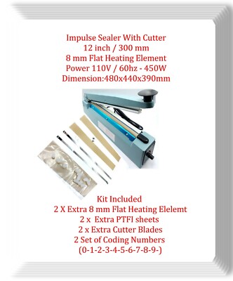 PFS300B 12'' Hand Impulse Sealer W/Cutter & Coding Printing- 8mm Heating Element 