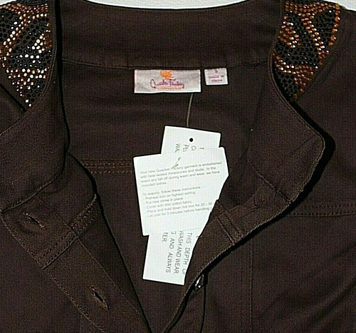 Quacker Factory Brown Twill Jacket Animal Print Rhinestones Trim Pockets NWT 8 - Picture 9 of 9