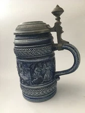 German Gerz  Stoneware  Pewter Lidded Beer Stein Tankard Mug Party Dancing VTG
