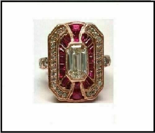 Art Deco Ruby & Emerald Cut Lab Created Diamond Wedding Yellow Gold ...