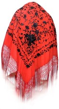 SHAWL In red silk embroidered with flowers in black - Manton de Manila. VINTAGE