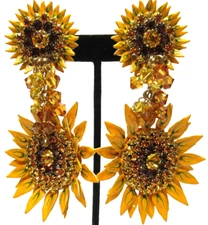 LUNCH AT THE RITZ Massive Yellow Enamel Crystal SunFlower Clip Earrings