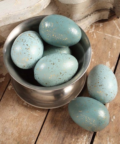 Bethany Lowe Easter Set Of 6 Aqua Eggs LC7040 MIP Blue w Gold Flecks 2 3/4"