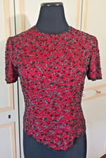 VNTG Silk Beaded Evening Blouse by PAPELL BOUTIQUE in RED Black, Silver, SZ S