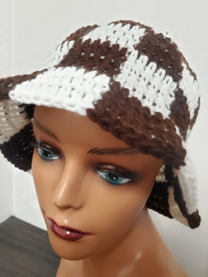 Ganchillo Café y Blanco Cuadros Cubo Sombrero Hecho a Mano Hippie Boho Festival Sombrero Foto 3 de 4