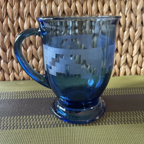 VTG cobalt, blue pedestal foot coffee mug Anchor hocking Etched Southwest design
