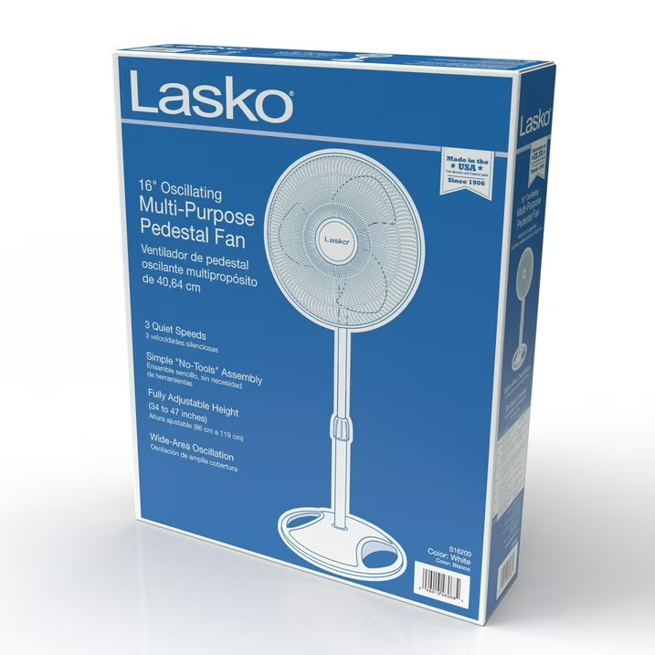 Lasko 16" Oscillating 3-Speed Pedestal Fan, S16200, White