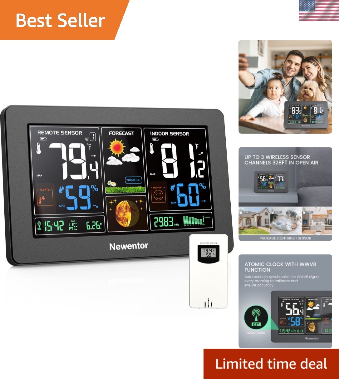 Dual Alarm Wireless Weather Monitor: Elegant Indoor/Outdoor 