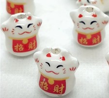 Ceramic Red/White Lucky Cat Beads Lot Of 4 PC A1