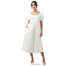 SUGARLIPS Cyril Ballon Sleeve Babydoll Midi Dress Small White Milkmaid Pockets