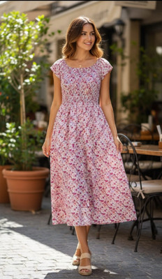 Long Summer Floral Print Dress Smocked Waist Cap Sleeve Party Boho Frock L-52''