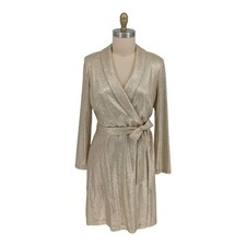 30177 Adrianna Papell Metallic Faux Wrap Dress Gold Size 14 preppy holiday