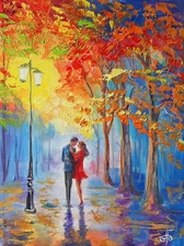 Original Oil Painting Canvas Autumn Park Couple Romance Colorful Trees Wall Art