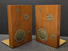 Vintage Martz Marshall Studios Pottery Tile & Walnut Bookends Set Of 2 MCM
