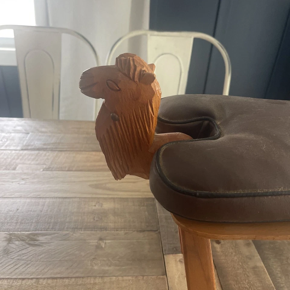 Vintage Camel Saddle Footstool Ottoman with Red & Gold Studded Leather Cushion - Image 2 of 4