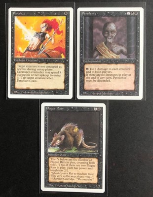 3x Magic Gathering REVISED PARALYZE + PESTILENCE + PLAGUE RATS   englisch black