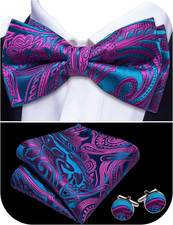 Paisley Striped Bow Tie for Men Silk Pre-Tied Bowtie Pocket Square Cufflinks Set